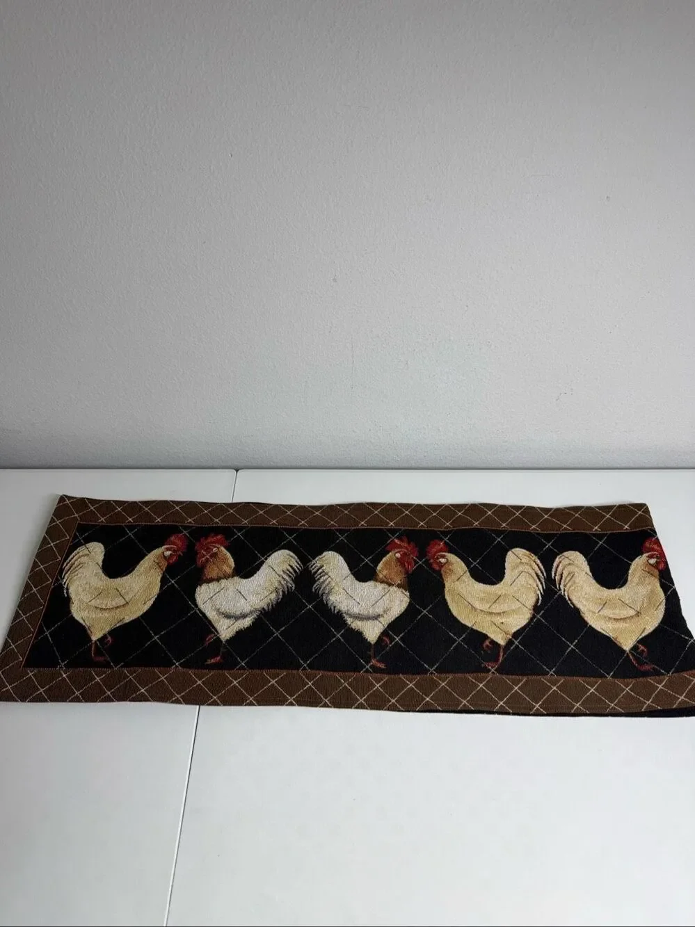 Vintage Handmade Rooster Table Runner Farmhouse Country Rustic Tapestry 70 x 12